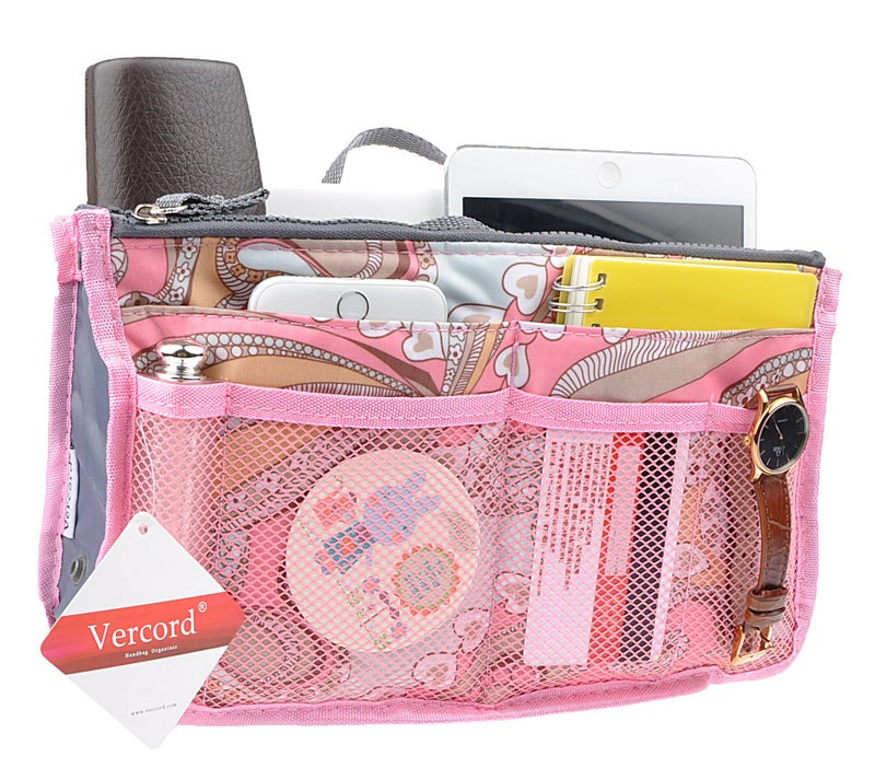 Vercord Purse Organizer Insert for Handbags Bag Organizers Inside Tote Pocketbook Women Nurse Nylon 13 Pockets Pink Flowers Small - Image 2